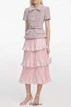 beulah Pink Boucle Metallic Tiered Midi Dress