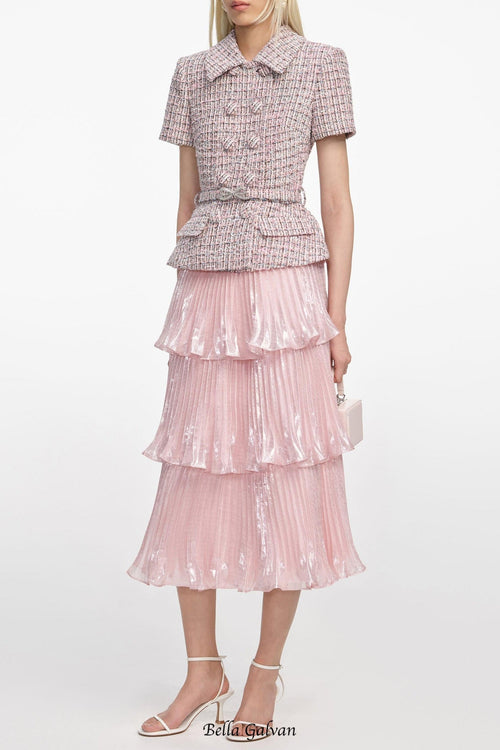 Flowering Girl Women beulah Pink Boucle Metallic Tiered Midi Dress