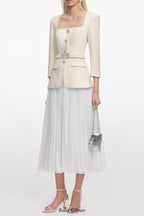 yuri Cream Boucle Long Sleeve Chiffon Midi Dress