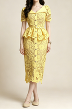 Flowering Girl Women Lemon Yellow Floral Lace Peplum Midi Dress with Lapel Collar & Crystal Buttons