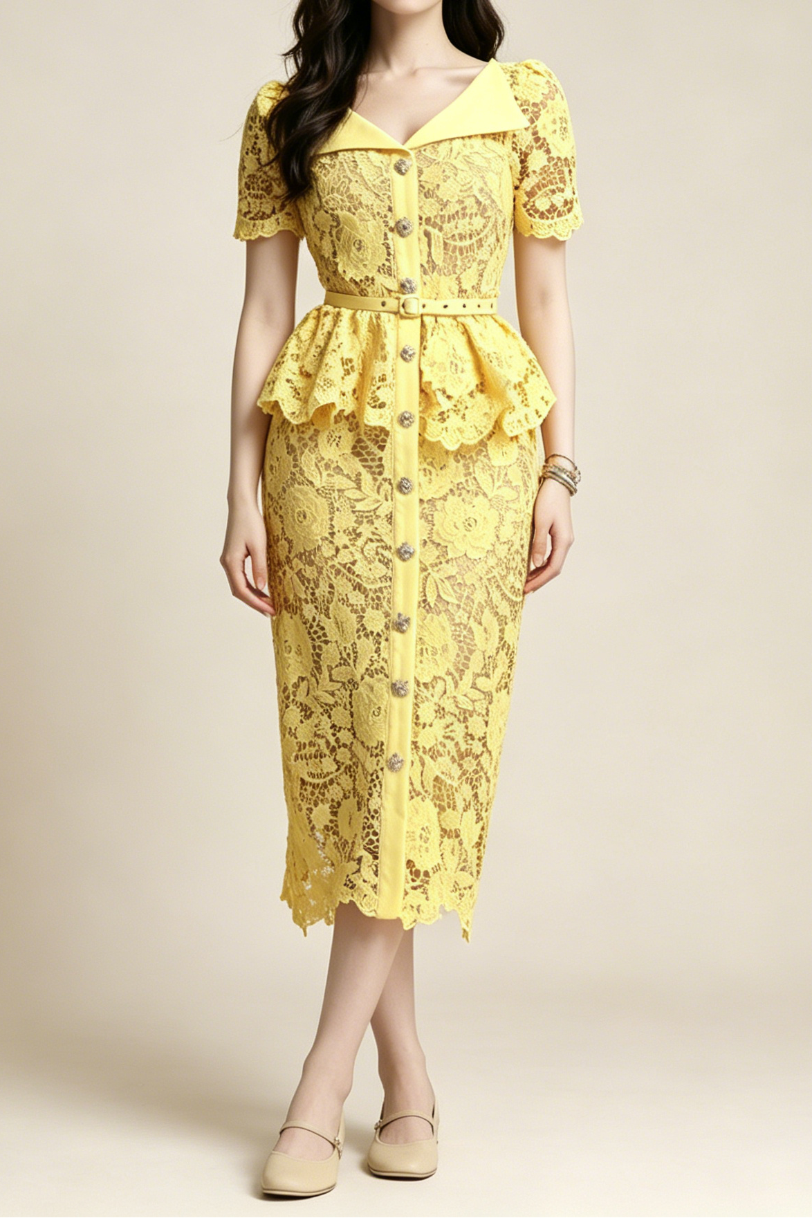 Flowering Girl Women Lemon Yellow Floral Lace Peplum Midi Dress with Lapel Collar & Crystal Buttons