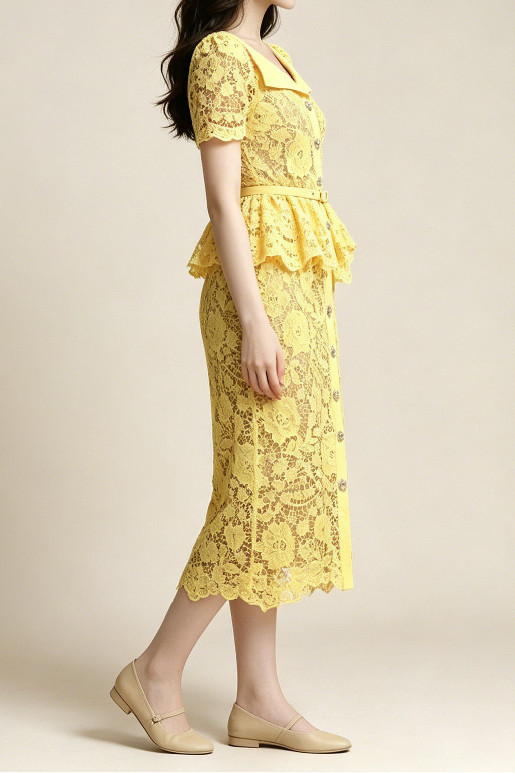 Flowering Girl Women Lemon Yellow Floral Lace Peplum Midi Dress with Lapel Collar & Crystal Buttons