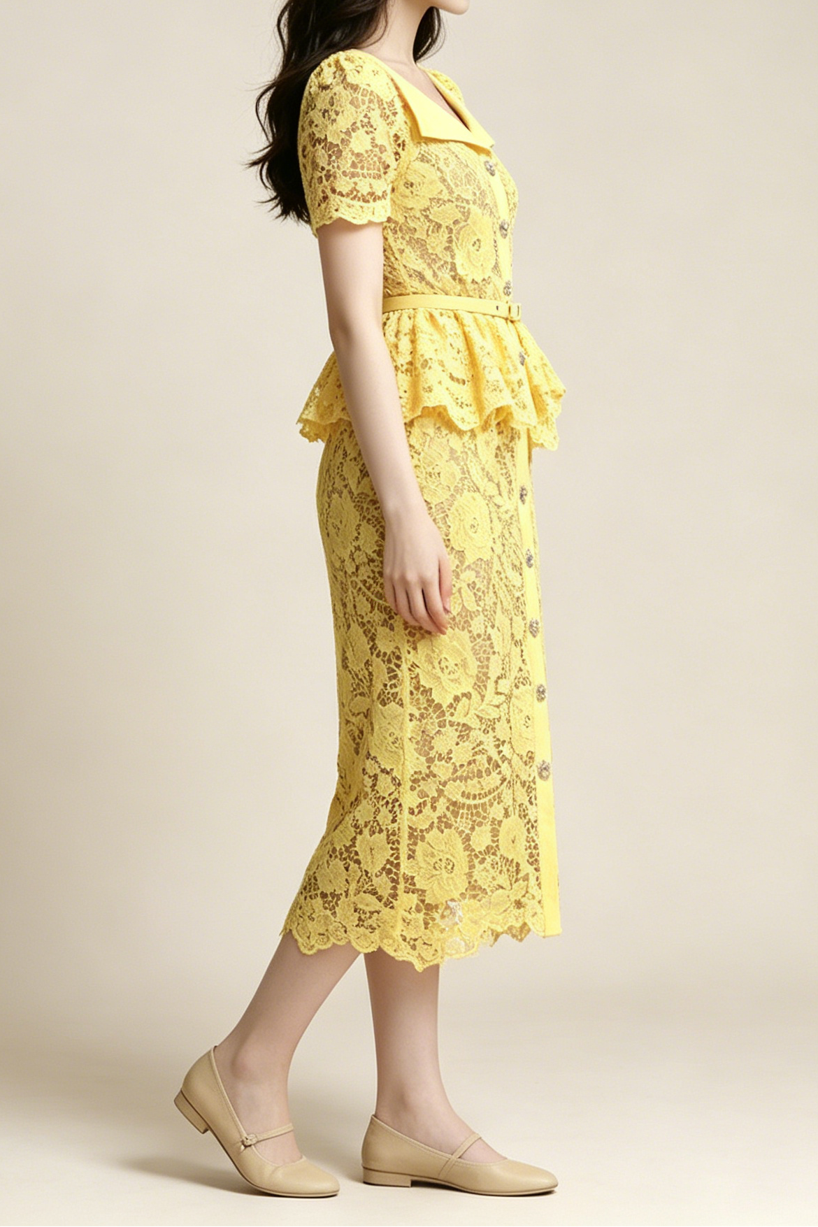 Flowering Girl Women Lemon Yellow Floral Lace Peplum Midi Dress with Lapel Collar & Crystal Buttons