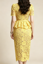 Flowering Girl Women Lemon Yellow Floral Lace Peplum Midi Dress with Lapel Collar & Crystal Buttons