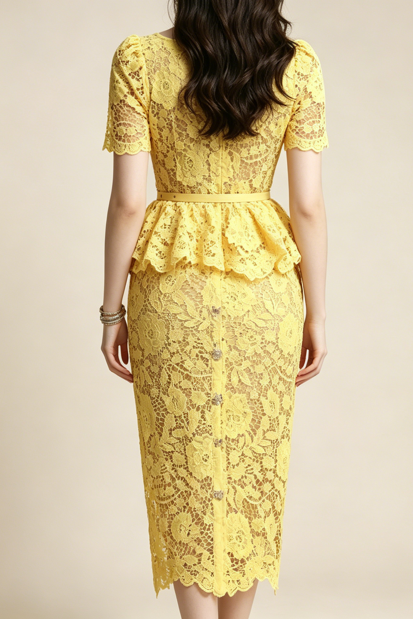 Flowering Girl Women Lemon Yellow Floral Lace Peplum Midi Dress with Lapel Collar & Crystal Buttons