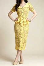 Flowering Girl Women Lemon Yellow Floral Lace Peplum Midi Dress with Lapel Collar & Crystal Buttons