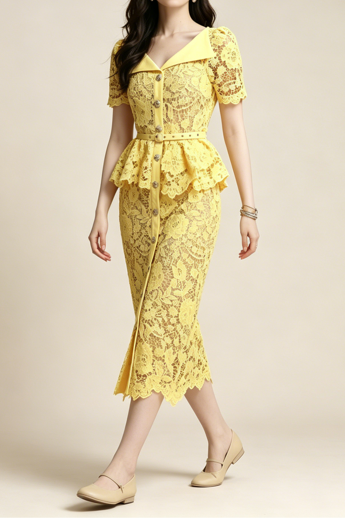 Flowering Girl Women Lemon Yellow Floral Lace Peplum Midi Dress with Lapel Collar & Crystal Buttons
