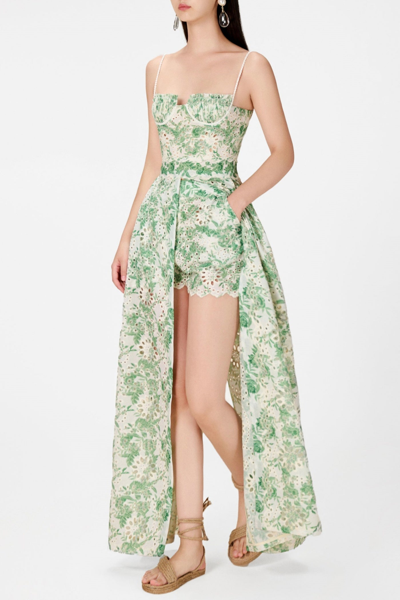 Flowering Girl Women Abetzi Floral Embroidered Shorts & Maxi Dress Set - Green