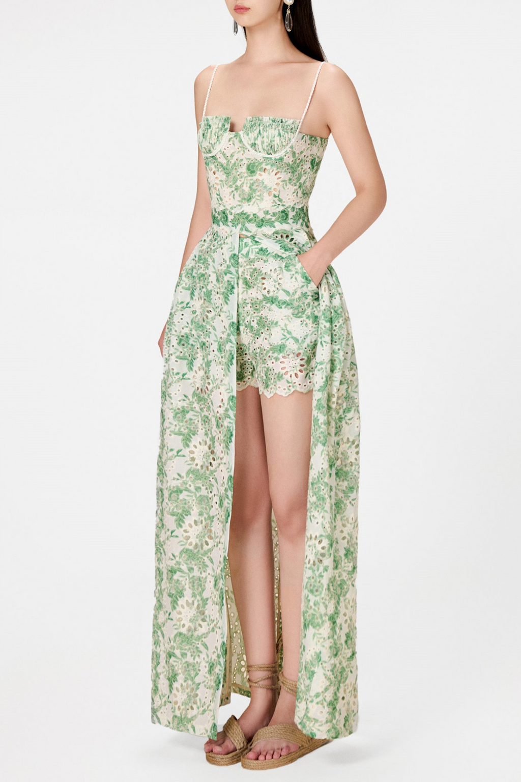 Flowering Girl Women Abetzi Floral Embroidered Shorts & Maxi Dress Set - Green