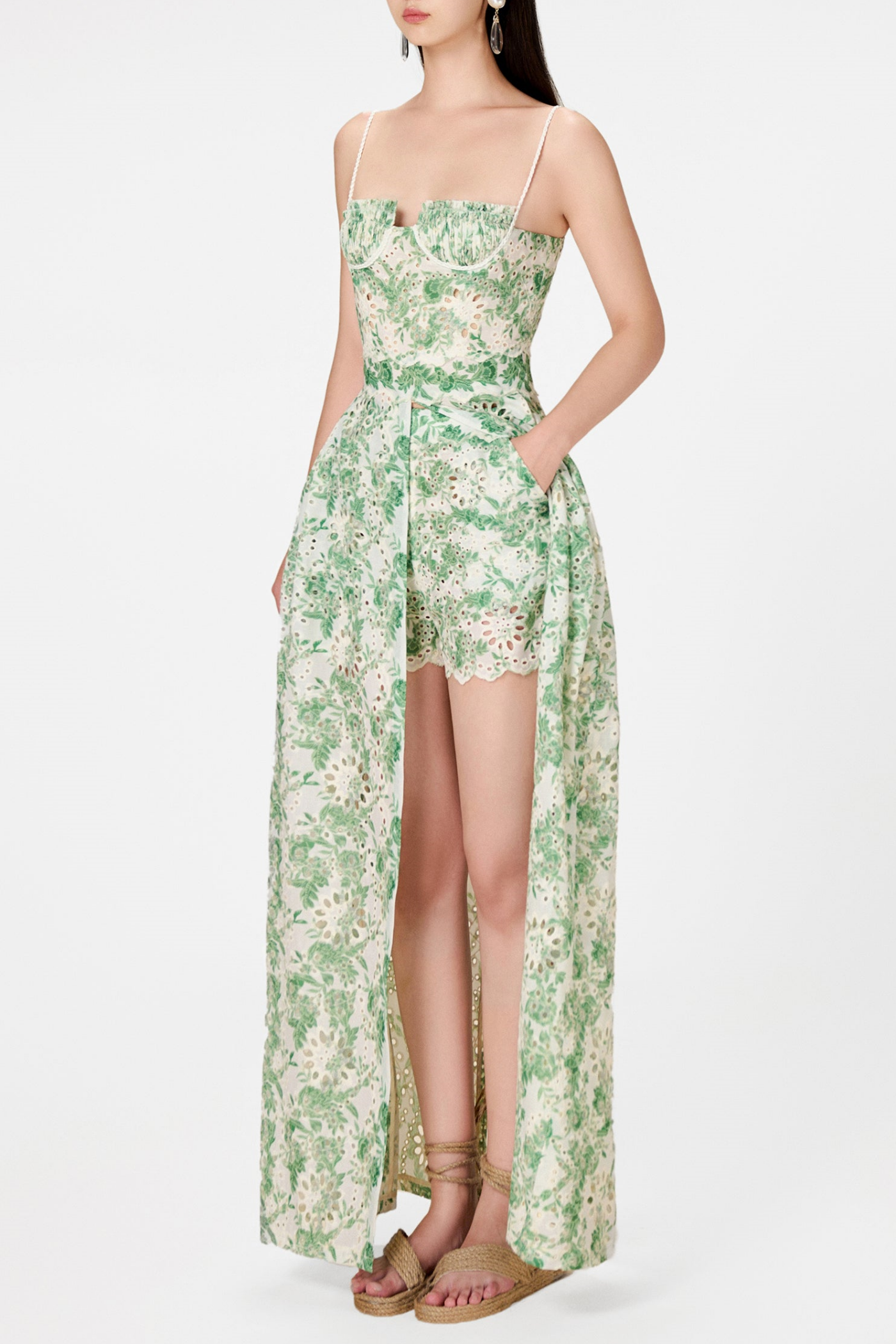 Flowering Girl Women Abetzi Floral Embroidered Shorts & Maxi Dress Set - Green