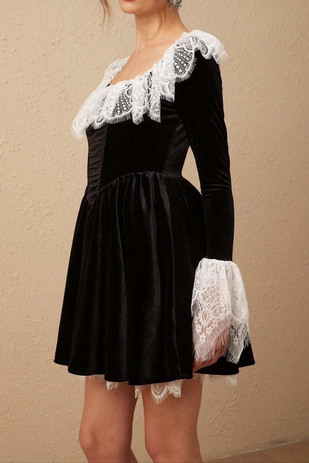 Flowering Girl Women Fabiana Black Lace-Trimmed Velvet Mini Dress