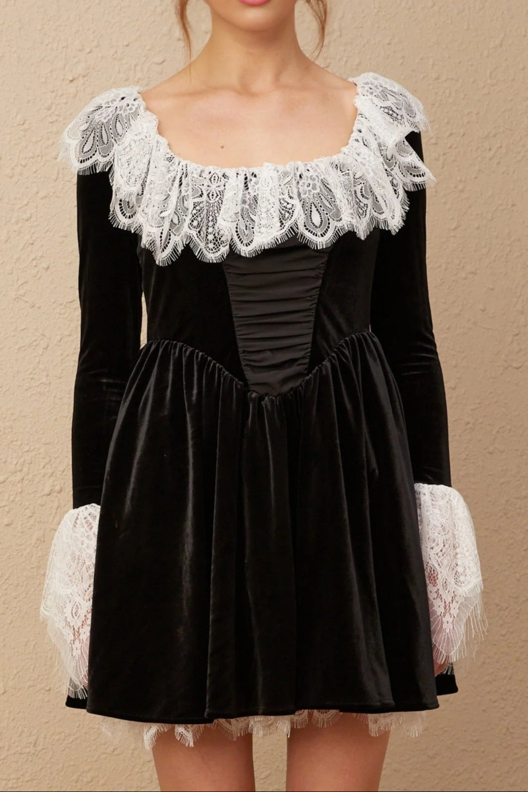 Flowering Girl Women Fabiana Black Lace-Trimmed Velvet Mini Dress