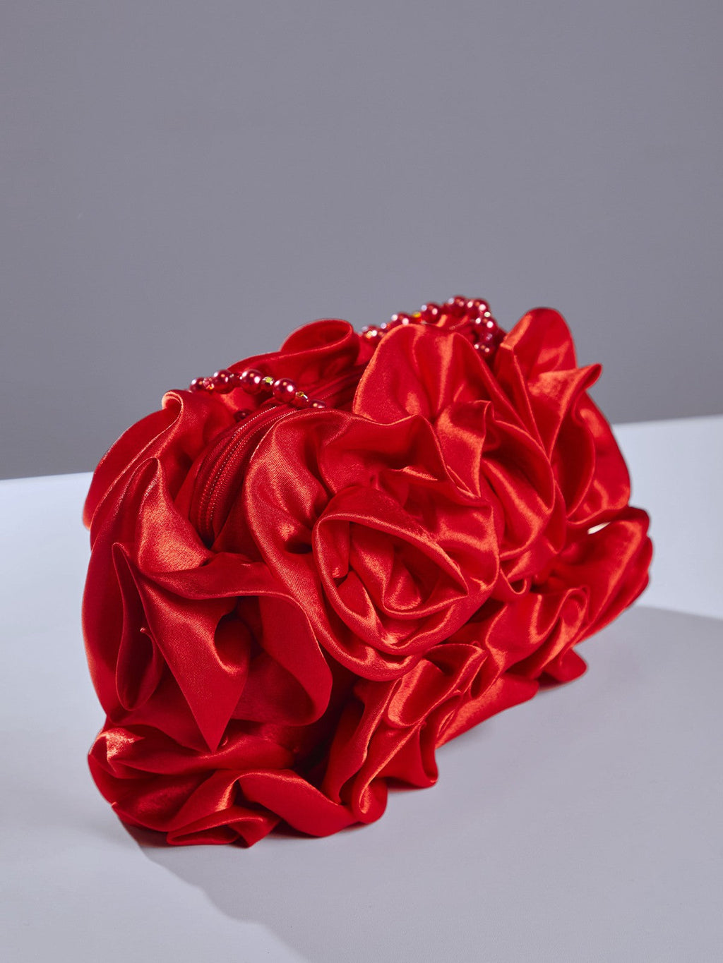 Red Satin Rose Clutch With Beaded Handle