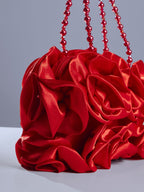 Red Satin Rose Clutch With Beaded Handle