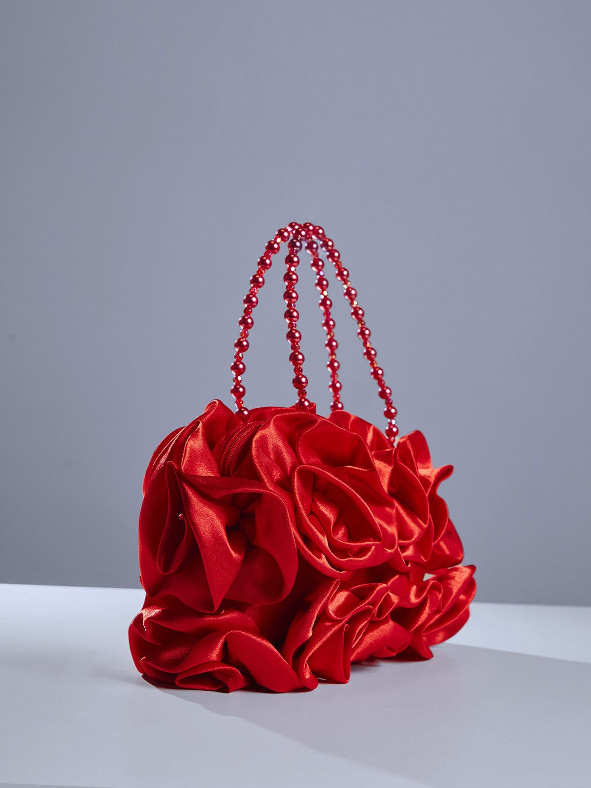 Red Satin Rose Clutch With Beaded Handle