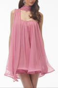 Rose Pink Off Shoulder Ruched Mini Dress With Ribbon