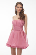 Rose Pink Off Shoulder Ruched Mini Dress With Ribbon