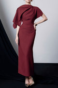 genevieve Asymmetric Sleeve Draped Midi Dress in burgundy