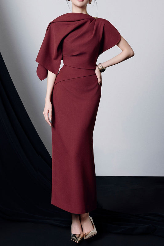genevieve Asymmetric Sleeve Draped Midi Dress in burgundy