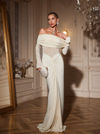 zenobia Off shoulder Ruched Maxi Dress In Beige