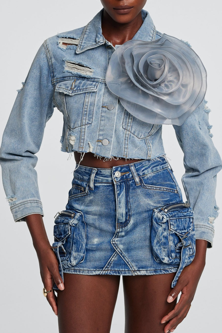 Flowering Girl Women Alaiao Torn Flower Denim Jacket in Blue