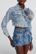 Flowering Girl Women Alaiao Torn Flower Denim Jacket in Blue