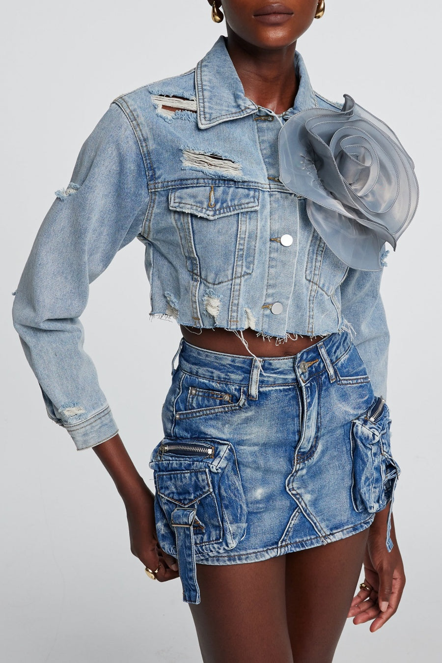 Flowering Girl Women Alaiao Torn Flower Denim Jacket in Blue