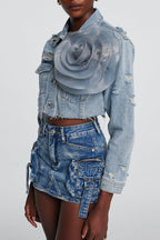 Flowering Girl Women Alaiao Torn Flower Denim Jacket in Blue