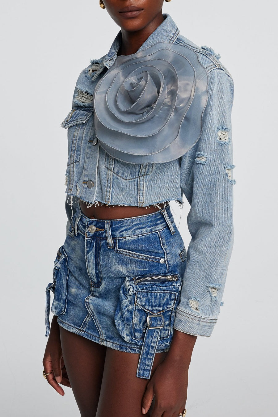 Flowering Girl Women Alaiao Torn Flower Denim Jacket in Blue