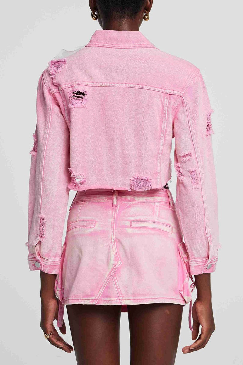 Flowering Girl Women Alaiao Torn Flower Denim Jacket in Pink