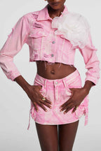 Flowering Girl Women Alaiao Torn Flower Denim Jacket in Pink
