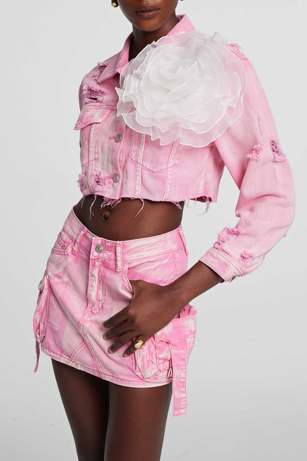 Flowering Girl Women Alaiao Torn Flower Denim Jacket in Pink