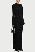 bonnie long sleeve pleated knot bodycon maxi dress in black