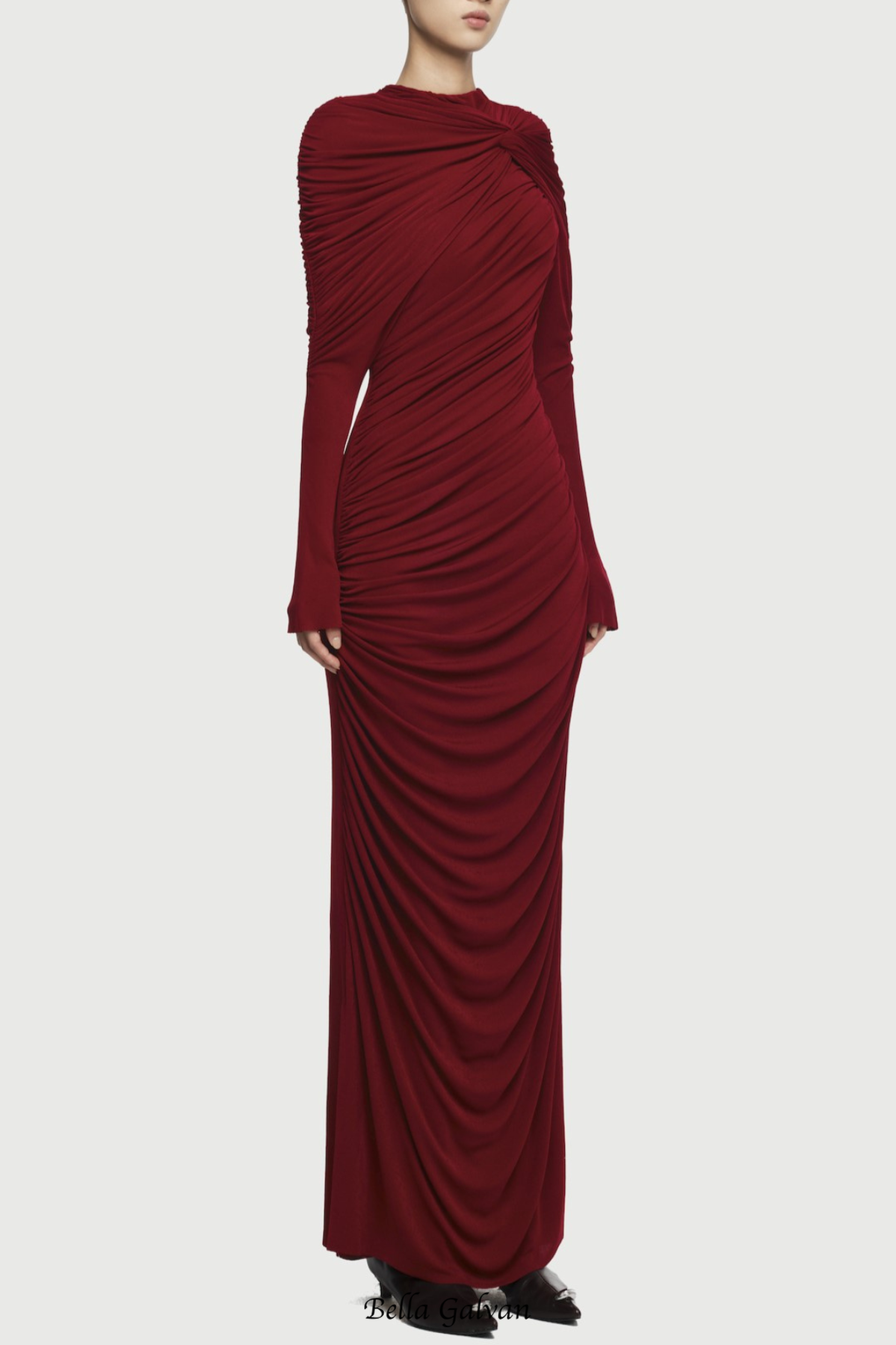 bonnie long sleeve pleated knot bodycon maxi dress in red