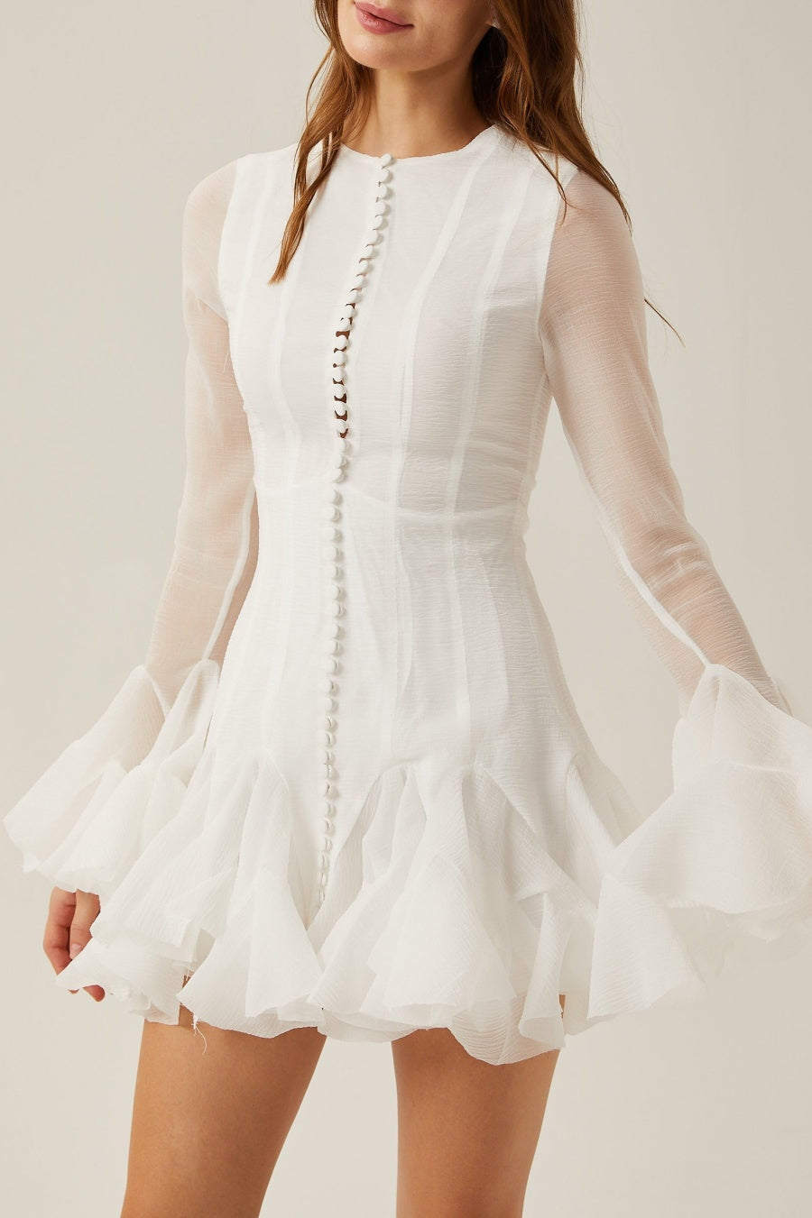 Flowering Girl Women Alberta Semi-Sheer Ruffle Mini Dress - White