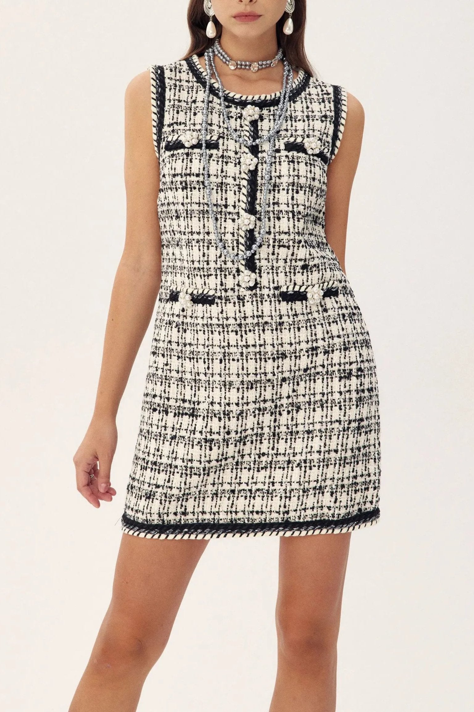 Flowering Girl Women Aldine Diamante Contrast Trimmed Tweed Mini Dress