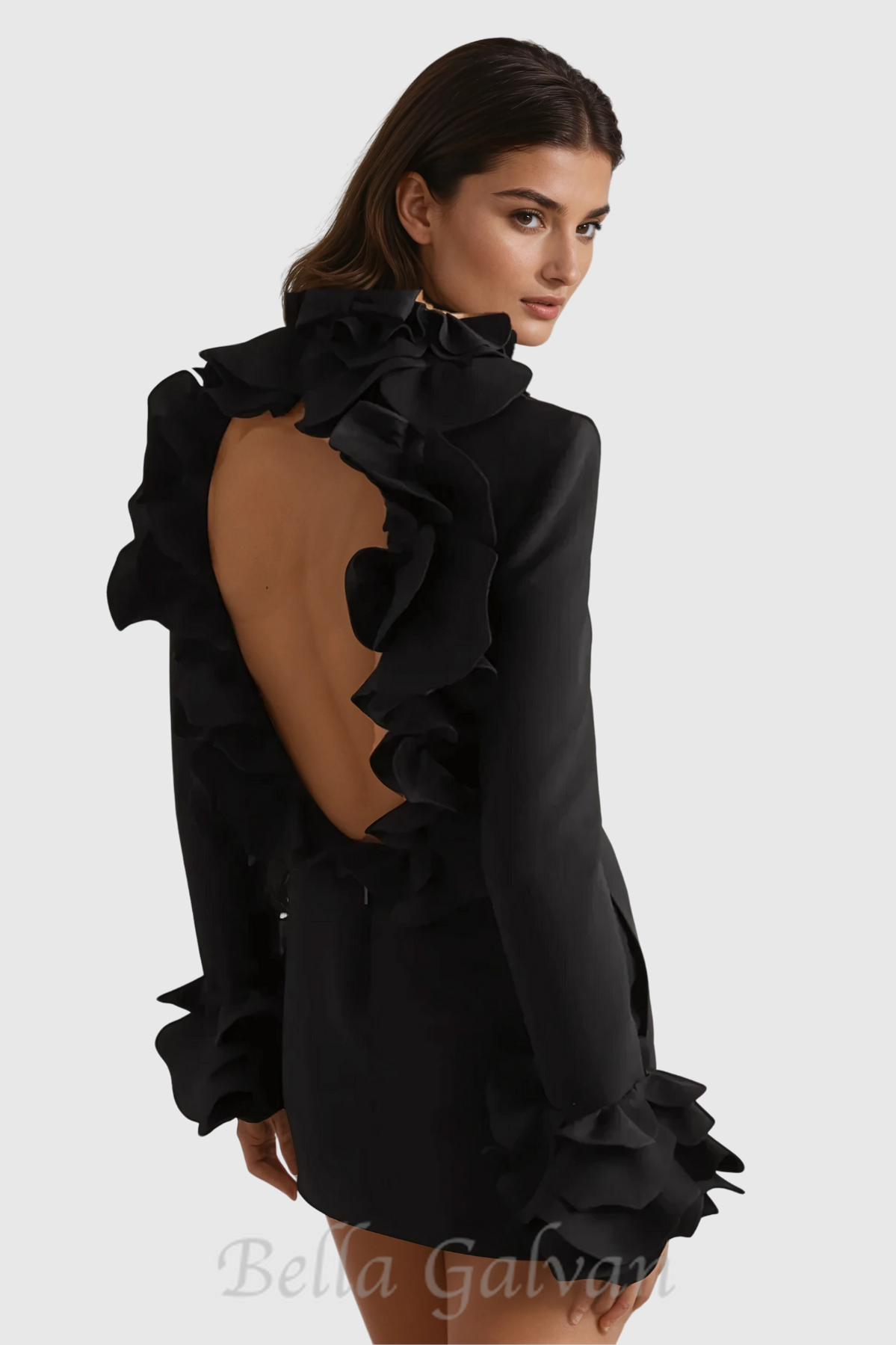 Flowering Girl Women Alessandro Ruffle Backless Mini Dress in black