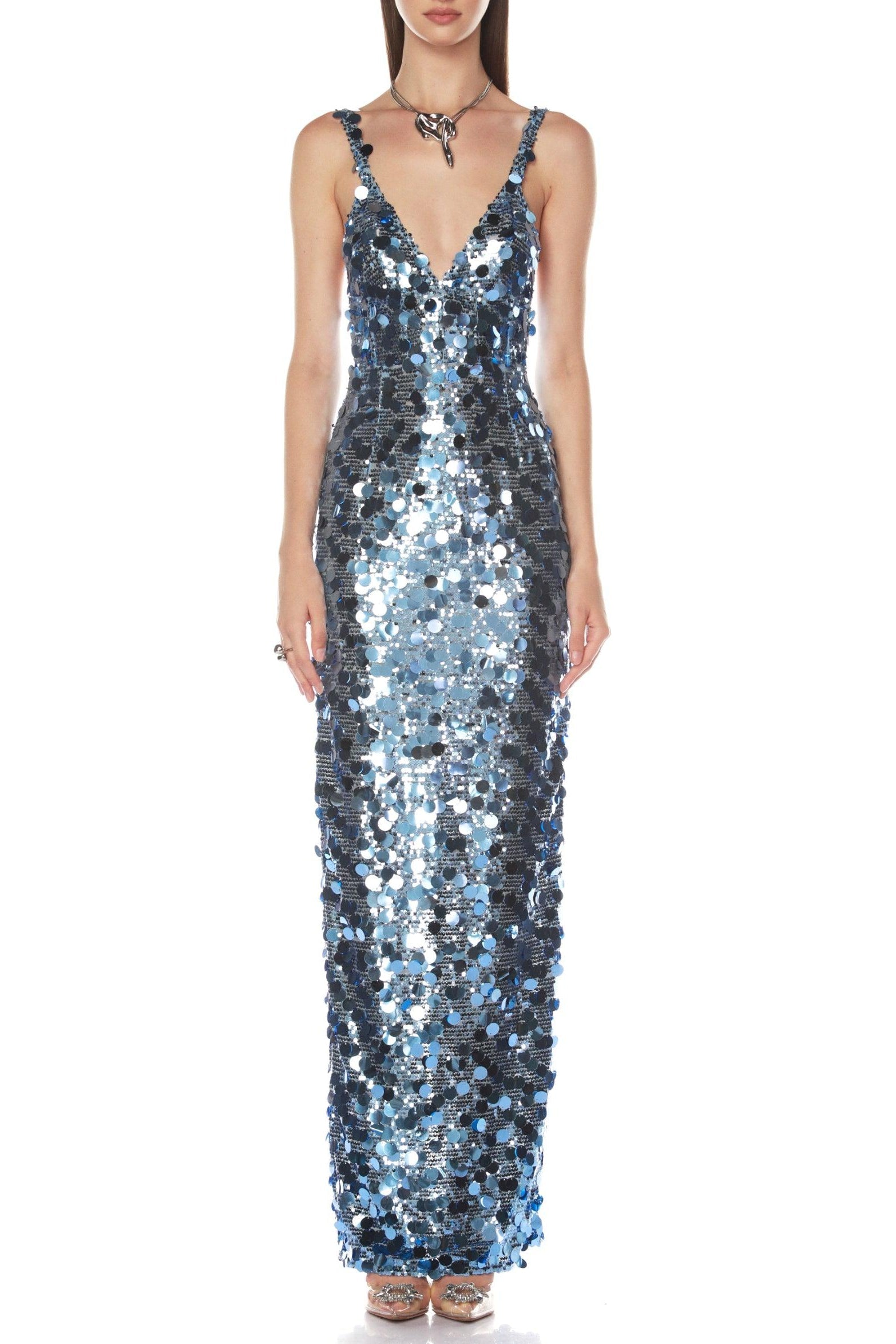 Flowering Girl Women Roberta Deep V-Neck Sequin Column Gown In Blue