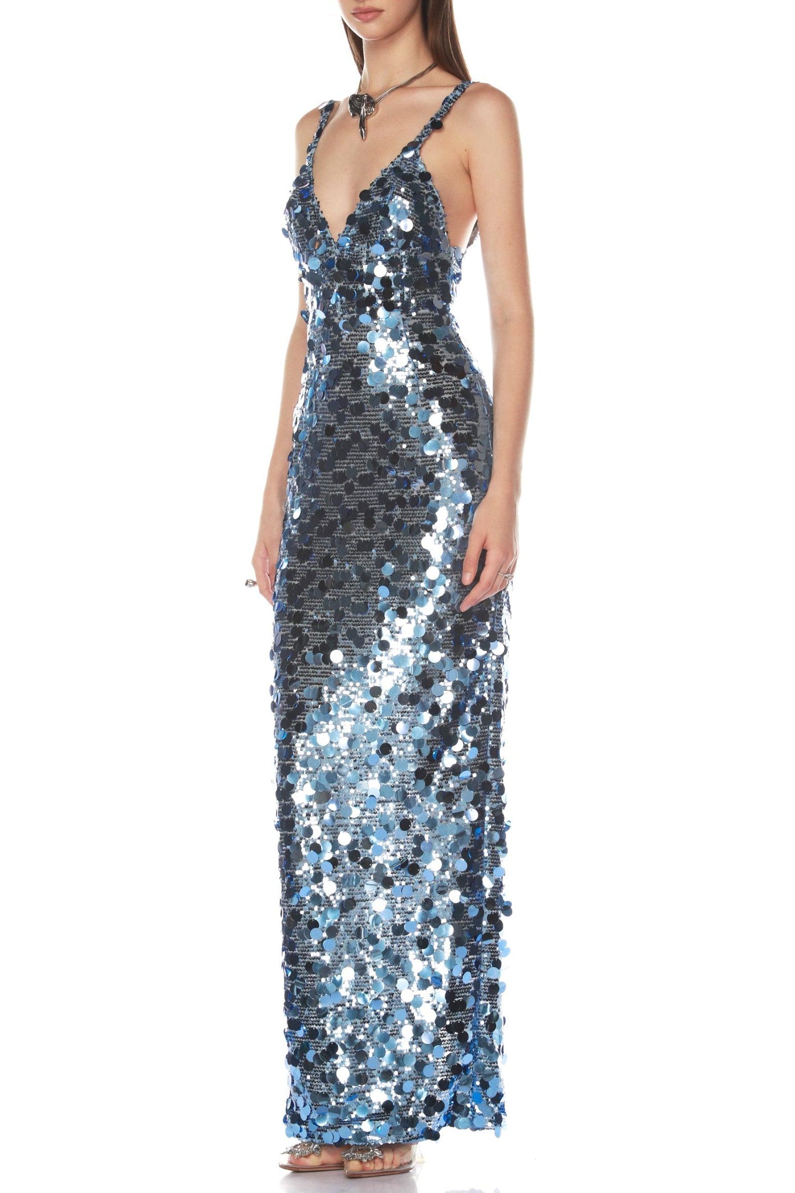 Flowering Girl Women Roberta Deep V-Neck Sequin Column Gown In Blue