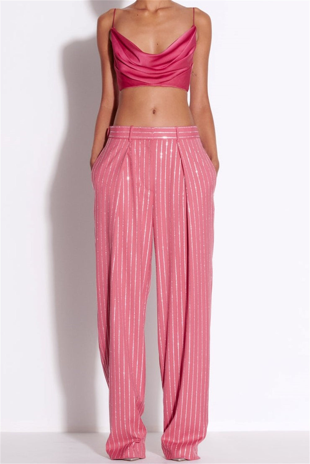 Flowering Girl Women Ally Crystal Pinstripe Blazer Set in Pink