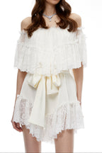 Flowering Girl Women Off Shoulder Ruffled Lace Satin Bow Two Piece Short Set