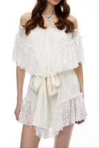 Flowering Girl Women Off Shoulder Ruffled Lace Satin Bow Two Piece Short Set