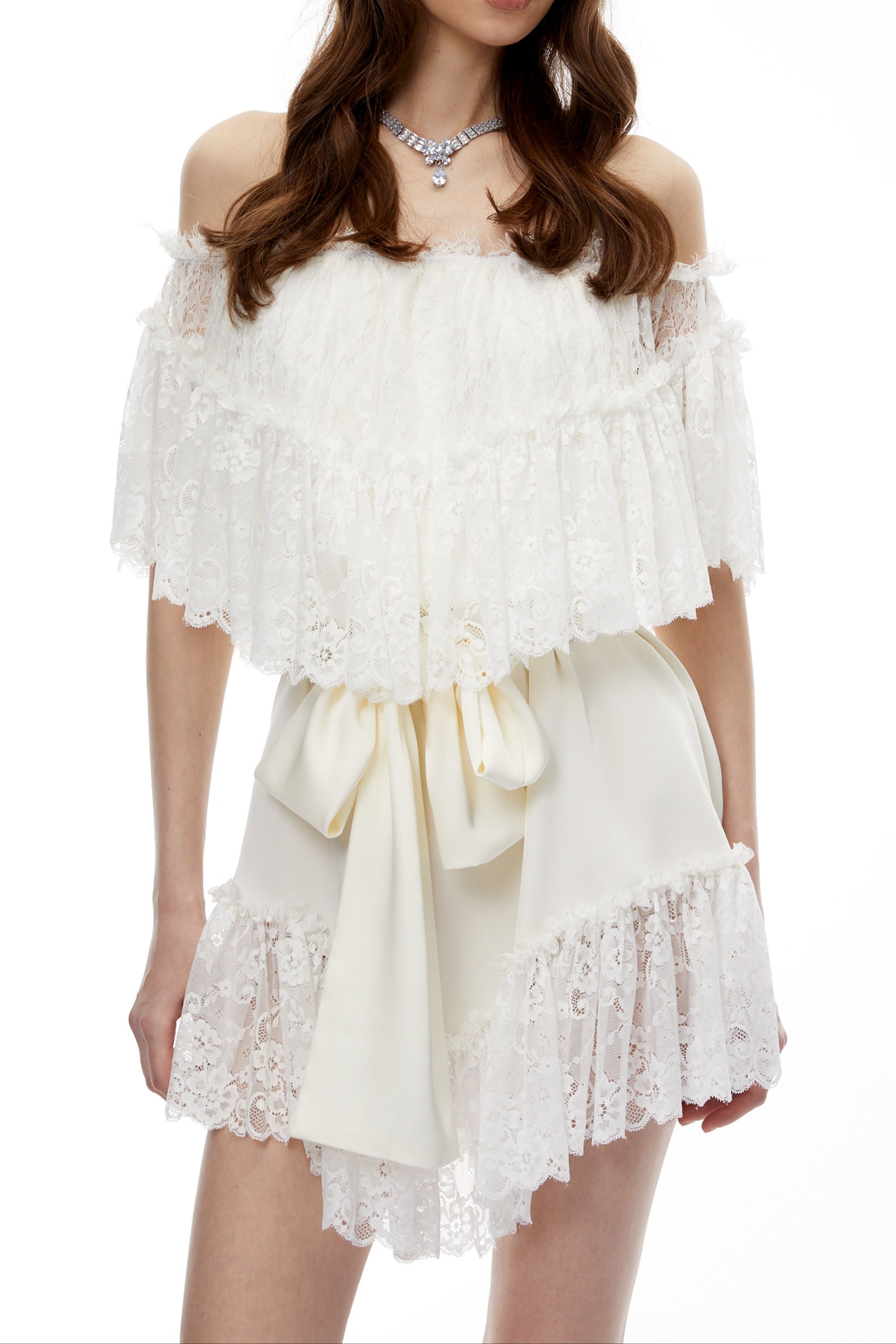 Flowering Girl Women Off Shoulder Ruffled Lace Satin Bow Two Piece Short Set