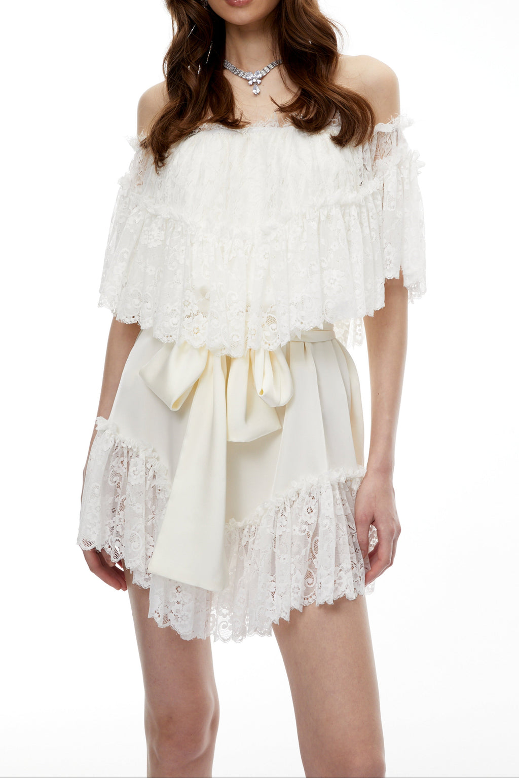 Flowering Girl Women Off Shoulder Ruffled Lace Satin Bow Two Piece Short Set