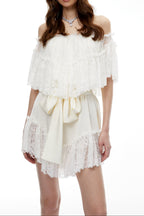 Flowering Girl Women Off Shoulder Ruffled Lace Satin Bow Two Piece Short Set