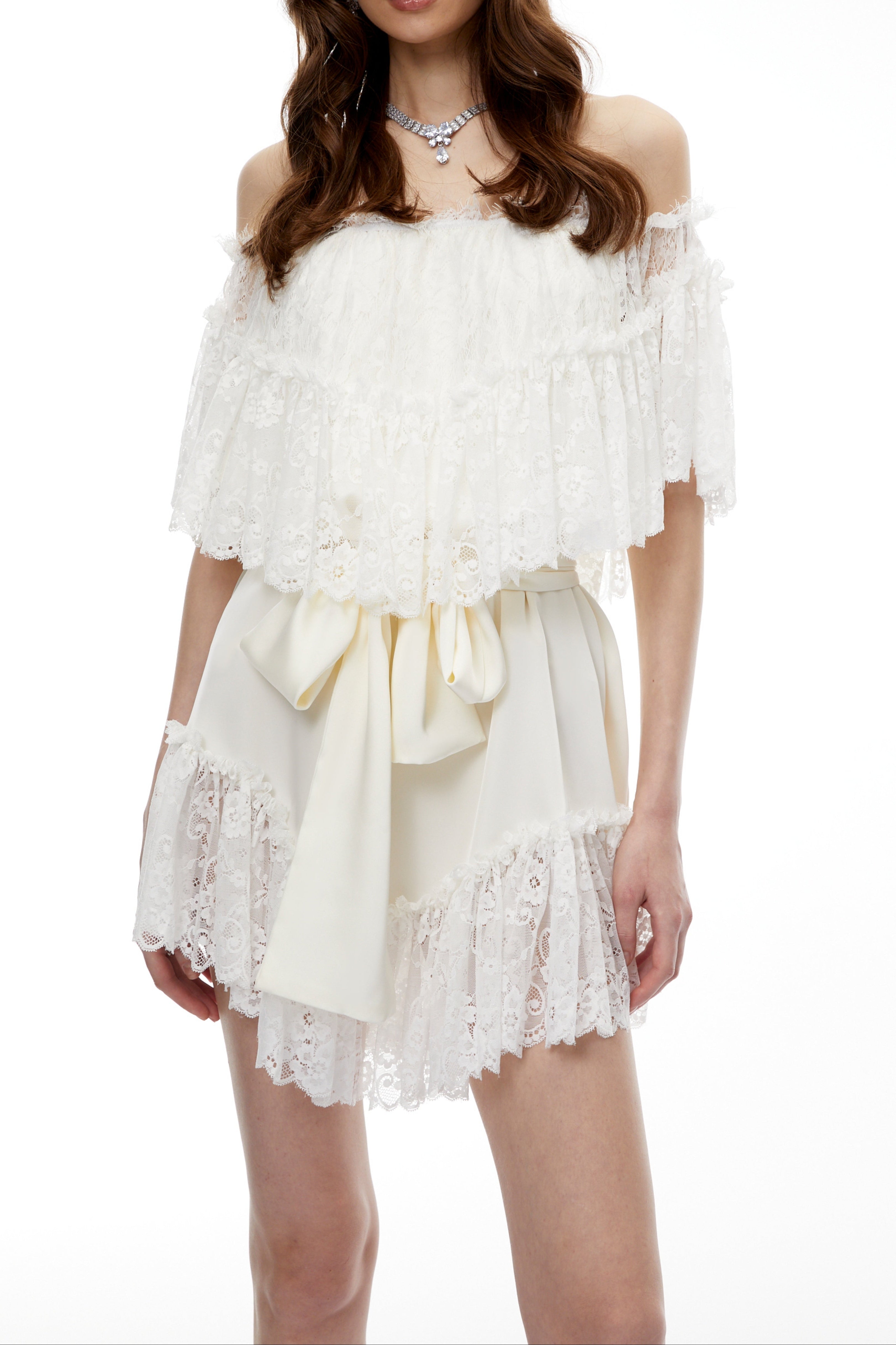 Flowering Girl Women Off Shoulder Ruffled Lace Satin Bow Two Piece Short Set