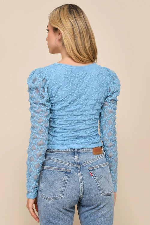 Flowering Girl Women Light Blue Lace Long Sleeve Corset Crop Top