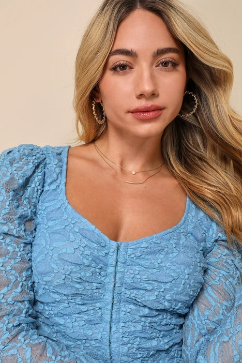 Flowering Girl Women Light Blue Lace Long Sleeve Corset Crop Top