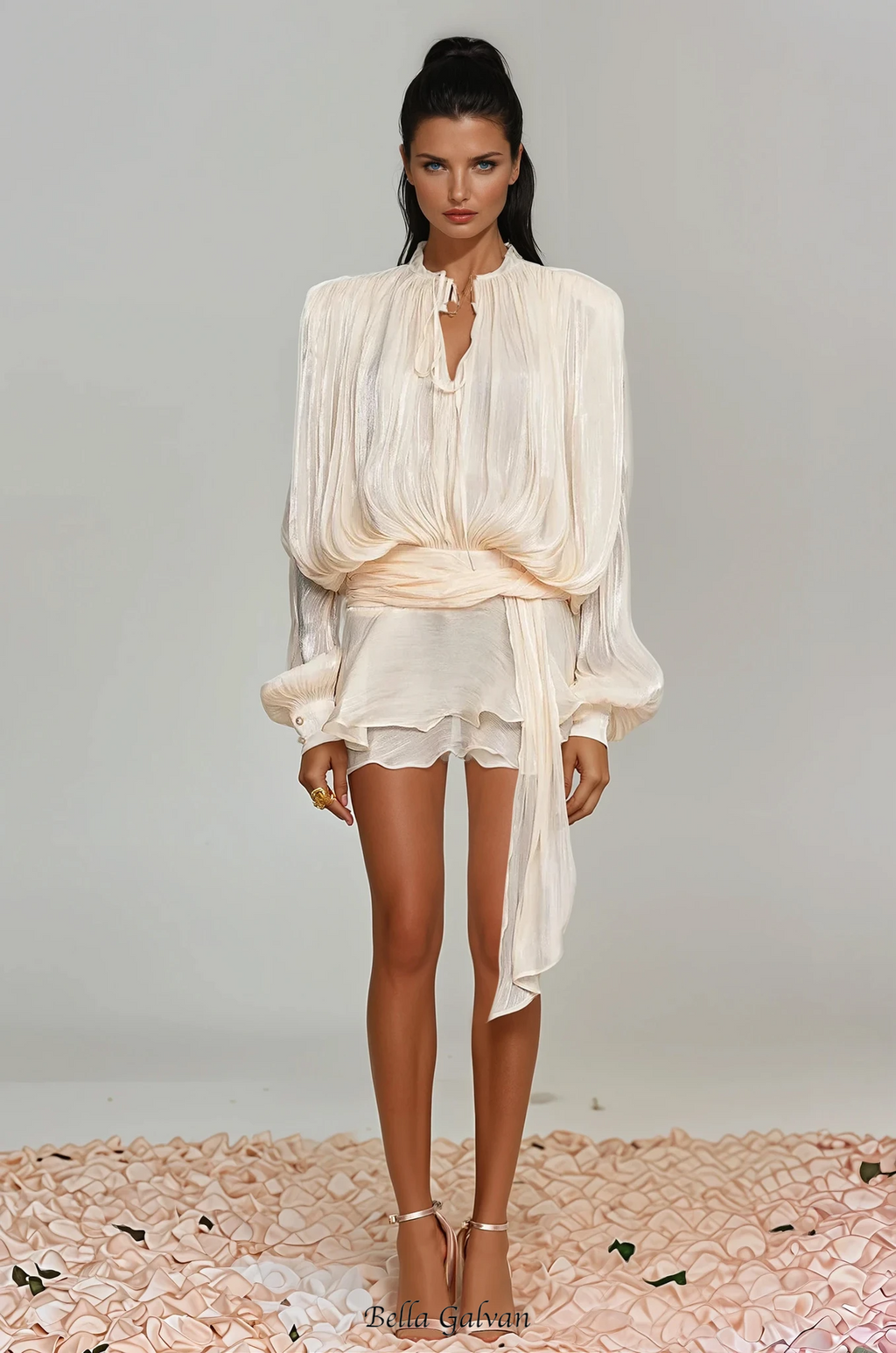 hermosa Balloon Sleeve Ruch Ruffle Mini Dress In Apricot