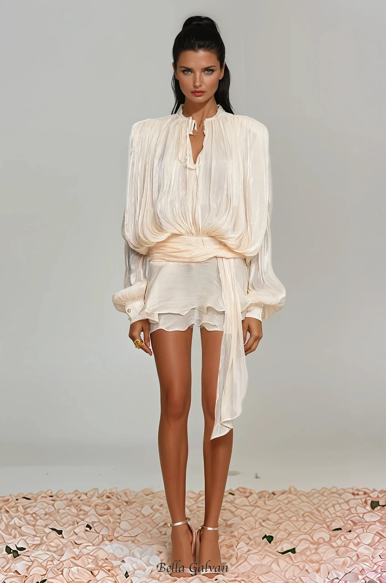 hermosa Balloon Sleeve Ruch Ruffle Mini Dress In Apricot